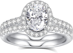 2 PC Oval Brilliant Cut CVD Diamond Sterling Silver Bridal Wedding & Engagement Ring Set for Women
