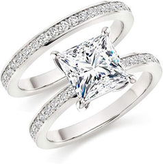 2 PC Princess Cut 101 Facets Simulated Moissanite 925 Sterling Silver Bridal Wedding Band Set