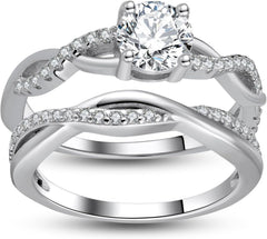 2 PC Round Brilliant Cut CVD Diamond Sterling Silver Solitaire Bridal Wedding & Engagement Ring Set for Women