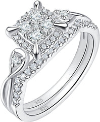 2 PC Cluster Round Brilliant Cuts for Women Sterling Silver Bridal Wedding & Engagement Ring