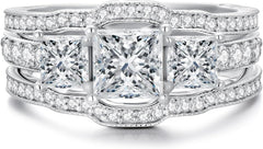 3PCS Princess Cut 14K Gold Wedding Ring Set for Women CVD Diamond Bridal Ring Set