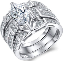 3 PC Marquise Brilliant Cut CVD Diamond Sterling Silver Bridal Wedding & Engagement Ring Set for Women