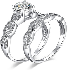 2 PC Round Cut Moissanite Sterling Silver Wedding Band & Promise Ring Set for Women
