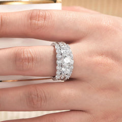 2 PC Round Cut CVD Diamond Three-Stone Sterling Silver Bridal Wedding & Engagement Ring Enhancer Set for Women