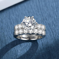 2 PC Round Cut Moissanite Sterling Silver Bridal Engagement Ring Set with Wedding Band for Women