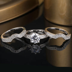 3 PC Round Brilliant Cut Halo White Moissanite Solid Sterling Silver Bridal Wedding & Engagement Ring Set for Women