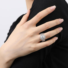 Oval Brilliant Cut Moissanite Double Halo Sterling Silver Bridal Ring Set with Marquise Band & Stackable Rings for Women