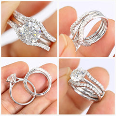 2 PC Round Brilliant Cut CVD Diamond Four-Prong Solitaire with Pavé Contour Band Sterling Silver Bridal Wedding & Engagement Ring Set for Women