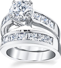Round Cut Moissanite Sterling Silver Bridal Set Engagement & Wedding Ring Bands