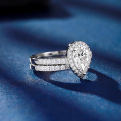 Teardrop (Pear Cut) Halo Moissanite 925 Sterling Silver Bridal Engagement & Wedding Ring Set for Women