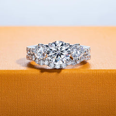 2 PC Round Brilliant Cut Moissanite Sterling Silver Bridal Wedding Ring Set with Engagement Ring & Band for Women