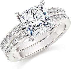 2 PC Princess Cut 101 Facets Simulated Moissanite 925 Sterling Silver Bridal Wedding Band Set