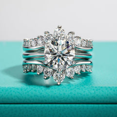 3 PC Round Cut Moissanite Sterling Silver Bridal Engagement & Wedding Ring Set