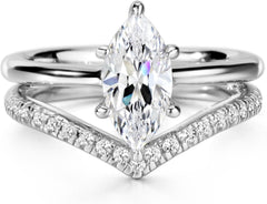 2PC Marquise Cut CVD Diamond 18K Gold Bridal Engagement Ring Set with Wedding Ba