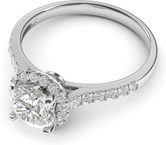 Round Brilliant Cut Moissanite Sterling Silver Halo Engagement Ring with Side Stones