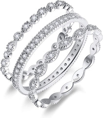 3 PC Moissanite Sterling Silver Stackable Engagement Ring & Eternity Wedding Band Set for Women