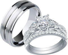 2 PC Princess Cut CVD Diamond 14K Gold His Hers Couples Bridal Wedding Ring Set for Men Women