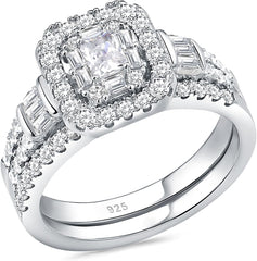 2 PC Radiant Cut Moissanite Sterling Silver Bridal Wedding & Engagement Ring Set for Women