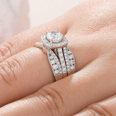 2 PC Round Brilliant Cut CVD Diamond Sterling Silver Bridal Engagement Ring Set with Enhancer Wrap Band