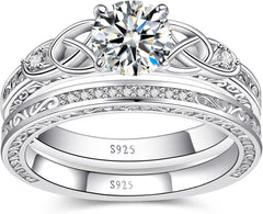 2 PC Round Brilliant Cut Vintage Celtic Knot Moissanite Sterling Silver Bridal Wedding & Engagement Ring Set for Women