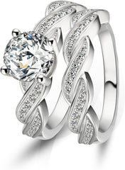 Round Cut Moissanite Sterling Silver Bridal Engagement Ring Set with Wedding Band for Women