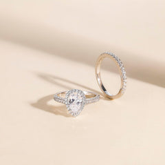 2 PC Pear (Teardrop) Cut CVD Diamond 10K Gold Halo Bridal Engagement Ring Wedding Band Set for Women