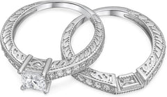 2 PC Princess Cut Solitaire Cathedral Setting CVD Diamond Sterling Silver Bridal Wedding & Engagement Ring Set for Women