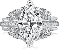 2 PC Marquise Cut Moissanite Vintage Sterling Silver Bridal Wedding & Engagement Ring Set with Insert Band