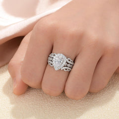2PC Pear Halo Moissanite 925 Sterling Silver Vintage Bridal Engagement & Wedding Ring Set with Guard Enhancer for Women