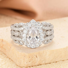 2PC Pear Halo Moissanite 925 Sterling Silver Vintage Bridal Engagement & Wedding Ring Set with Guard Enhancer for Women
