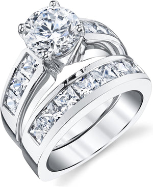 Round Cut Moissanite Sterling Silver Bridal Wedding Engagement Ring Set for Women