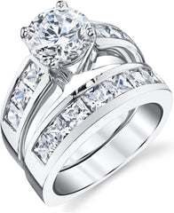 Round Cut Moissanite Sterling Silver Bridal Set Engagement & Wedding Ring Bands