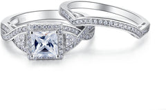 Sterling Silver Princess Cut Moissanite Engagement Ring Set for Women – 2 Pieces