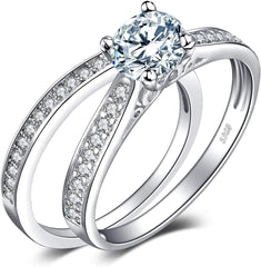 2 PC Round Cut Moissanite Sterling Silver Engagement & Eternity Wedding Band Set for Women