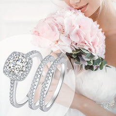 3PC Halo Moissanite Sterling Silver Bridal Wedding Ring Set with Engagement Bands for Women