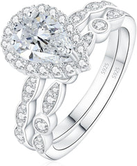 2 PC Pear Cut Halo Promise Engagement Ring for Women in 925 Sterling Silver Stackable Rings for Her Wedding Band Bridal Ring Set