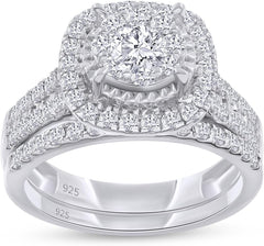 Halo Lab-Grown CVD Diamond Sterling Silver Bridal Wedding Engagement Ring Set for Women