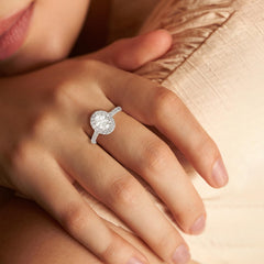 Oval Cut CVD Diamond Halo Engagement Ring for Women – Solitaire with Accent Side Stones