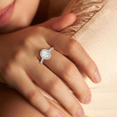 Oval Cut Moissanite Halo Engagement Ring for Women – Solitaire with Accent Side Stones