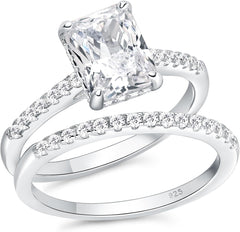 2 PC Radiant Cut Moissanite Sterling Silver Solitaire Bridal Wedding & Engagement Ring Set for Women