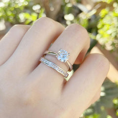 2 PC Round Brilliant Cut CVD Diamond Sterling Silver Solitaire Bridal Wedding & Engagement Ring Set for Women