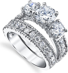 2 PC, 3 Stone Round Cut CVD Diamond Sterling Silver Past Present Future Bridal Engagement & Wedding Ring Set