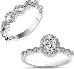 2 PC Round Cut Moissanite Sterling Silver Halo Bridal Engagement & Wedding Ring Set for Women
