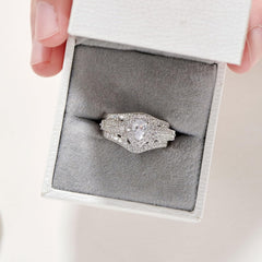 2 PC Vintage Pear Teardrop CVD Diamond Sterling Silver Bridal Wedding & Engagement Ring Set for Women