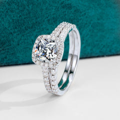 2 PC Square Halo CVD Diamond Sterling Silver Bridal Wedding & Engagement Ring Set for Women