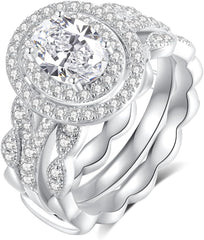 Oval Brilliant Cut Moissanite Double Halo Sterling Silver Bridal Ring Set with Marquise Band & Stackable Rings for Women