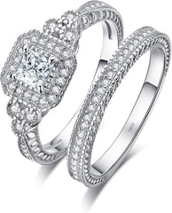 2 PC Princess Cut Halo Moissanite Sterling Silver Bridal Wedding & Engagement Ring Set for Women