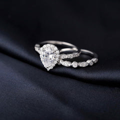 2 PC Pear Cut Halo Promise Engagement Ring for Women in 925 Sterling Silver Stackable Rings for Her Wedding Band Bridal Ring Set