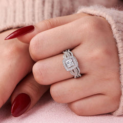 Moissanite Halo Engagement Ring Set with Wedding Band for Women in Sterling Silver