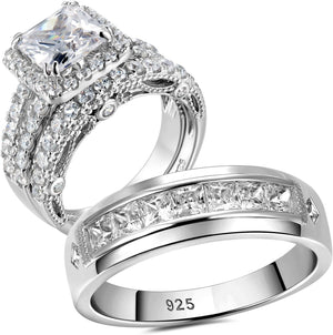 Princess Cut CVD Diamond His & Hers Platinum Wedding & Engagement Promise Ring S